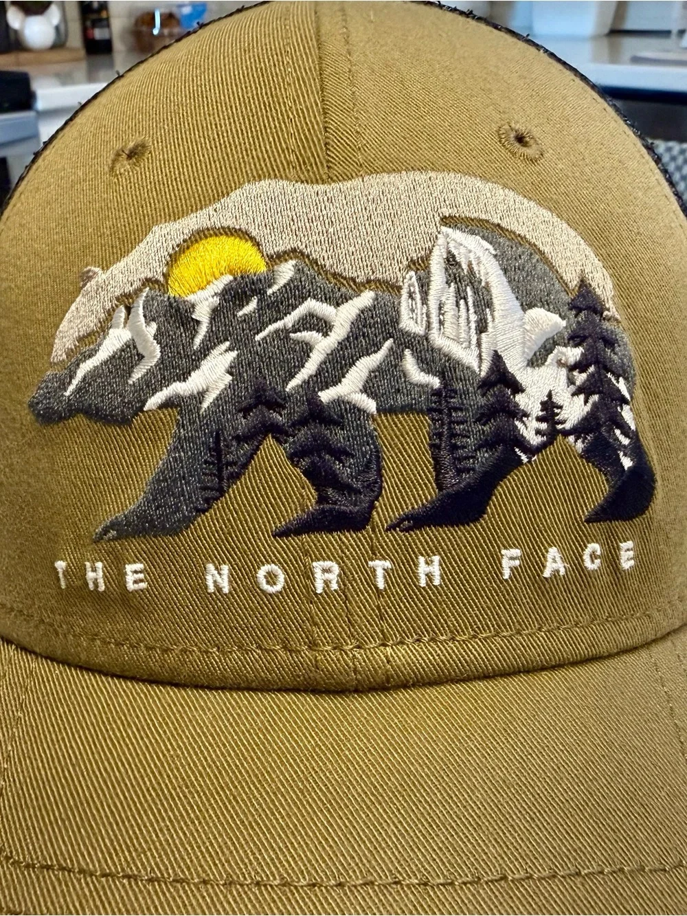 The North Face Olive Green Trucker Hat with Bear Mountain Patch - SnapBack